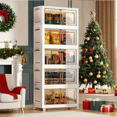 5-Tier Collapsible Plastic Storage Bins with Magnetic Doors & Wheels - Stackable High Quality Organizer, Transparent Tawny, Large Capacity (55.12x33.02x153.92cm) for Bedroom, Living Room, Kitchen, Entryway - Easy Tool-Free Assembly, Modern Aesthetic, Smoo