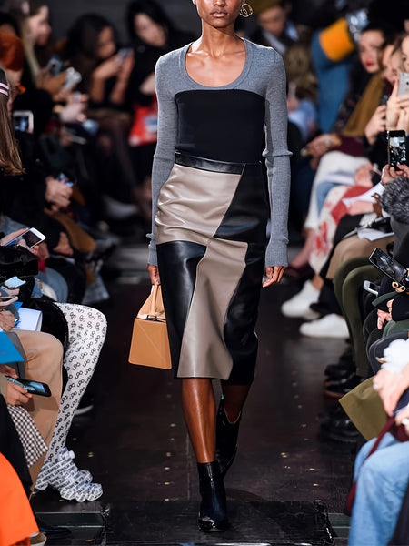 CHIDU Women'S Skirt for Autumn And Winter, High-Waisted PU Mid-Length Skirt with Color Block Design, Elegant Dress with Zipper, Fashionable Irregular Style, Perfect for Family Events And Stylish Commuting