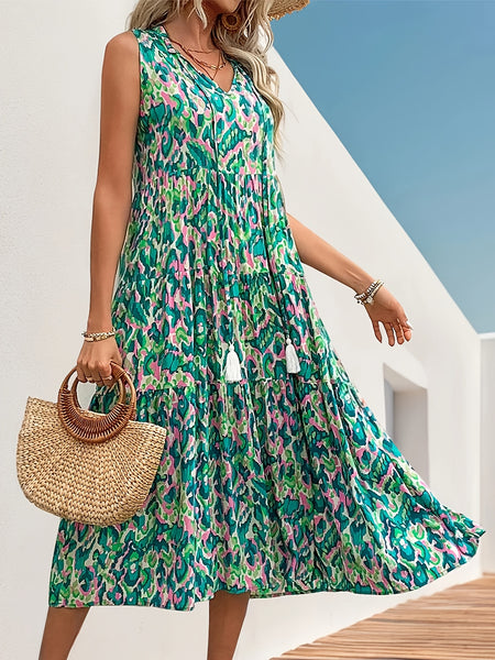 Spring/Summer Vacation Women'S Sleeveless Bohemian Style Fringed Tie-Up Printed Dress