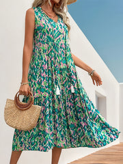 Spring/Summer Vacation Women'S Sleeveless Bohemian Style Fringed Tie-Up Printed Dress