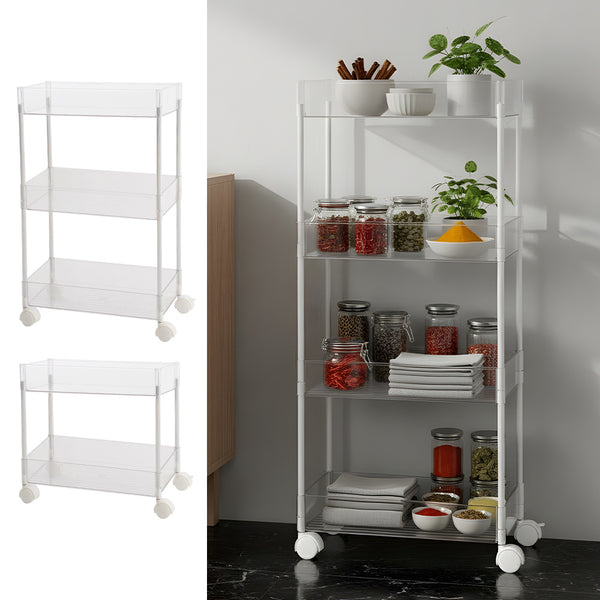 2/3/4-Tier Transparent Storage Cart - Multi-Functional Rolling Organizer with Wheels | for Bathroom, Kitchen, Laundry Room | Snack & Toiletries Holder (Easy Assembly)