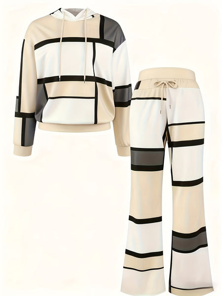 Casual Color Block 2pcs Set, Long Sleeve Hooded Top And Drawstring Pants, Women'S Clothing