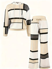 Casual Color Block 2pcs Set, Long Sleeve Hooded Top And Drawstring Pants, Women'S Clothing