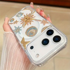 Phone Case: Sun Moon Star Embroidery Print Transparent Magnetic Acrylic Phone Case Easy Charging Compatible with iPhone 11 12 13 14 15 16 17 Pro Max Plus Air