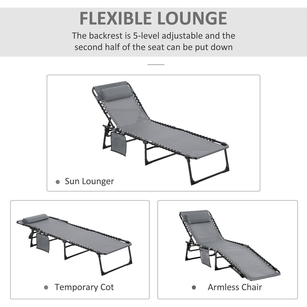 Portable Sun Lounger, Folding Camping Bed with Side Pocket and Pillow for Patio