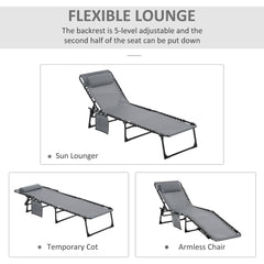 Portable Sun Lounger, Folding Camping Bed with Side Pocket and Pillow for Patio