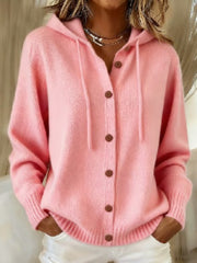 Drawstring Hooded Button Front Cardigan with Side Pockets