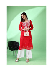 Estationeryhouse Women's Georgette Lucknowi chikankari kurti, Rose Design with Heavy Embroidery, Without Bottom