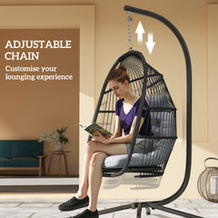 Rattan Hanging Egg Chair with Stand, Foldable Wicker Swing Egg Chair with Cushion, Head Pillow, Steel Frame, Hammock Chair for Indoor Outdoor, Capacity 150 kg, Dark Grey