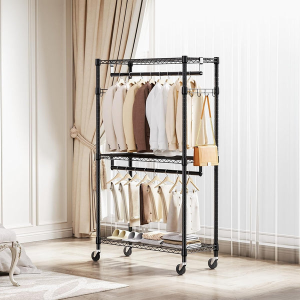 M MZG Heavy Duty Easy to Assemble - Multi-functional Removable Clothes Rack - with Three Shelves, Side Hooks And Locking Casters - Sturdy And Durable - Suitable for Bedroom, Living Room And Wardrobe Black