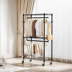 M MZG Heavy Duty Easy to Assemble - Multi-functional Removable Clothes Rack - with Three Shelves, Side Hooks And Locking Casters - Sturdy And Durable - Suitable for Bedroom, Living Room And Wardrobe Black