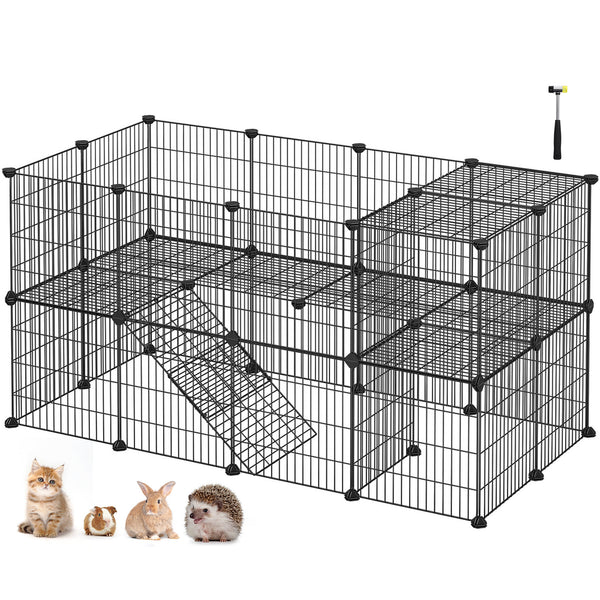 2-Floor Metal Pet Playpen, 36 Grid Panels, Customisable Cage Enclosure for Small Animals, Guinea Pigs Hamster Runs, Rabbit Hutches, Includes Mallet, Indoor, 143 x 73 x 71 cm, White/Black