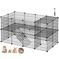 2-Floor Metal Pet Playpen, 36 Grid Panels, Customisable Cage Enclosure for Small Animals, Guinea Pigs Hamster Runs, Rabbit Hutches, Includes Mallet, Indoor, 143 x 73 x 71 cm, White/Black