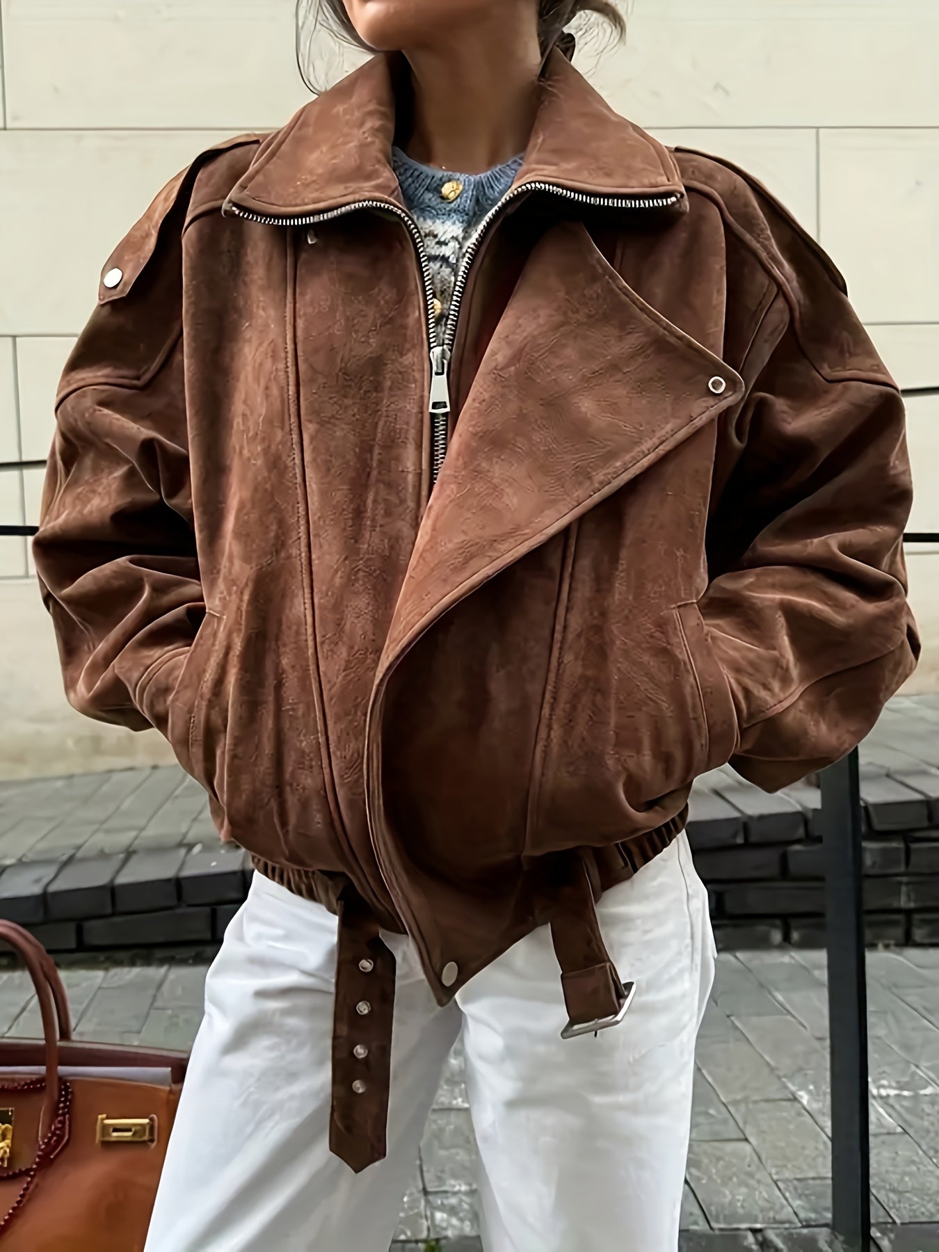 Women'S Elegant Brown Faux Jacket - Long Sleeve Zipper Front Coat with Button Closure, Structured Non-Stretch Fabric for Fall/Winter, Office, Party, Everyday Outfits - Women'S Outerwear Jacket, Ladies Jacket, Party Wear, Sophisticated Style