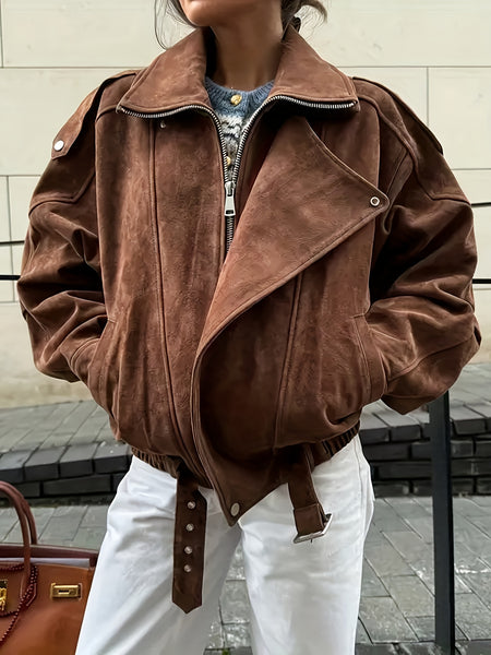 Women'S Elegant Brown Faux Jacket - Long Sleeve Zipper Front Coat with Button Closure, Structured Non-Stretch Fabric for Fall/Winter, Office, Party, Everyday Outfits - Women'S Outerwear Jacket, Ladies Jacket, Party Wear, Sophisticated Style