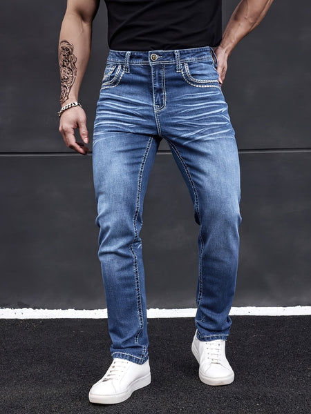Men'S Elastic Washed Denim Jeans with Thick Line Embroidery on The Front And Back Pockets