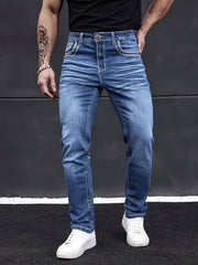 Men'S Elastic Washed Denim Jeans with Thick Line Embroidery on The Front And Back Pockets