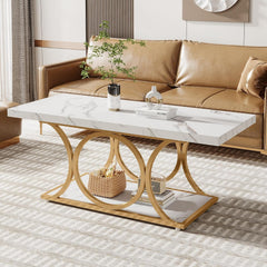 47 Inches Modern Coffee Tables for Living Room, 2-Tier Faux Marble Wood Coffee Table with Storage, Large Center Table with Gold Metal Legs