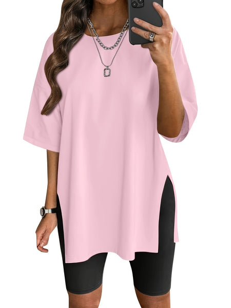 3pcs Oversized Women'S Loose Top Round Neck Casual Basic Shirt Fashion Side Slit Loose Short Sleeve T-Shirt