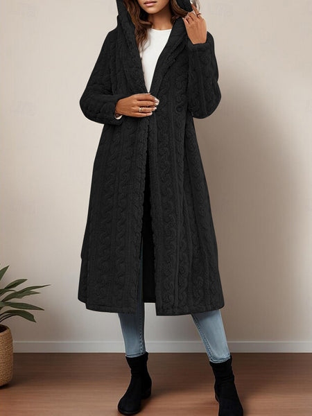 Fashionable Long Hooded Solid Color Cardigan Coat, Autumn/Winter Thickened Plush Outerwear, Warm, Versatile, and Suitable for Commuting