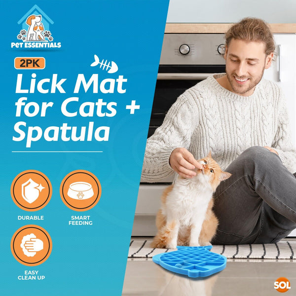 2 Pack Cat Lick Mat with Spatula | Silicone Pet Feeding Mat with Suction Base | Dog & Cat Licky Pad for Treats, Wet Food & Paste | Slow Feeder Textured Lick Mat for Pets | Easy Clean Dishwasher Safe Pet Food Placemat