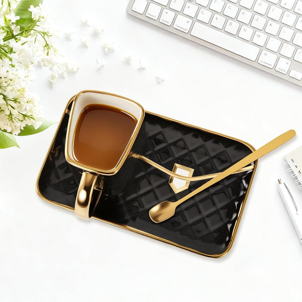 Porcelain Tea Cup and Saucer Set with Spoon, 310ml Handbag Style Ceramic Coffee Cup, High-Temperature Fired, Hand-Glazed with Gold Detailing