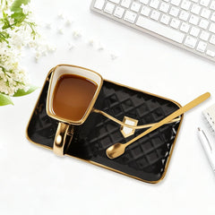 Porcelain Tea Cup and Saucer Set with Spoon, 310ml Handbag Style Ceramic Coffee Cup, High-Temperature Fired, Hand-Glazed with Gold Detailing