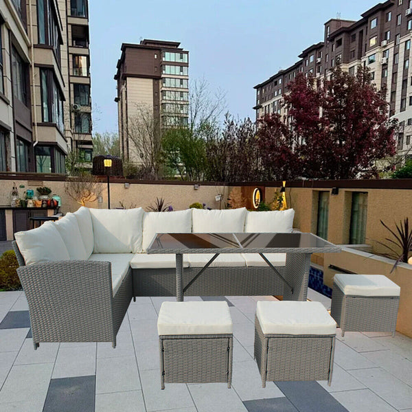 9Seats Garden Furniture Set Rattan Outdoor Corner Sofa Wicker Dining Table Chair for Patios Conservatories Rectangular