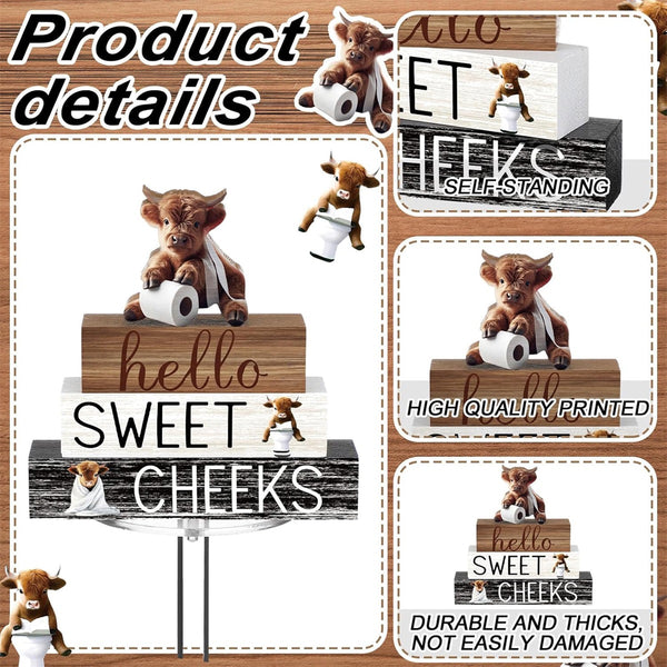 4pcs Wooden Highland (Cattle) Decor - 3 Rustic Scottish Figurines, Animal Blocks for Farmhouse Shelf, Tabletop, or Scottish-Themed Room Décor - Multi- Scottish Cattle Blocks