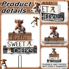 4pcs Wooden Highland (Cattle) Decor - 3 Rustic Scottish Figurines, Animal Blocks for Farmhouse Shelf, Tabletop, or Scottish-Themed Room Décor - Multi- Scottish Cattle Blocks
