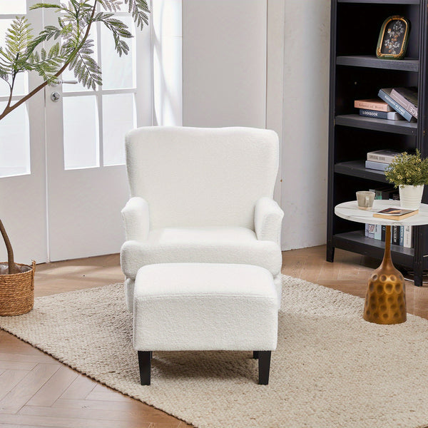 White Teddy Fabric Lounge Chair with Ottoman - 69x58x85.5cm Plush Armchair, Sponge Cushion & Plywood Frame, for Living Room/Bedroom (Black Wooden Legs)
