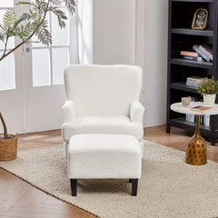 White Teddy Fabric Lounge Chair with Ottoman - 69x58x85.5cm Plush Armchair, Sponge Cushion & Plywood Frame, for Living Room/Bedroom (Black Wooden Legs)