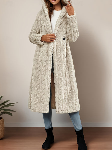 Fashionable Long Hooded Solid Color Cardigan Coat, Autumn/Winter Thickened Plush Outerwear, Warm, Versatile, and Suitable for Commuting