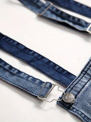 Men's Slim Fit Suspender Jeans, Teen Boys' Denim Pants, Trendy Fashion Versatile Solid Color Classic