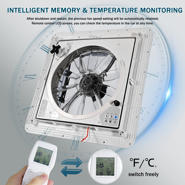 10 - Speed 12V RV Roof Vent Fan - Reversible, Rain Sensor, Ultra - Low Noise, Remote & Temp Monitoring