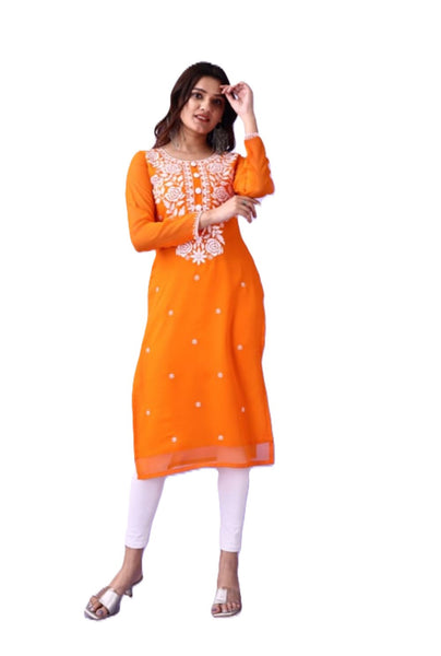 Estationeryhouse Women's Georgette Lucknowi chikankari kurti, Rose Design with Heavy Embroidery, Without Bottom