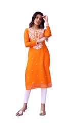 Estationeryhouse Women's Georgette Lucknowi chikankari kurti, Rose Design with Heavy Embroidery, Without Bottom