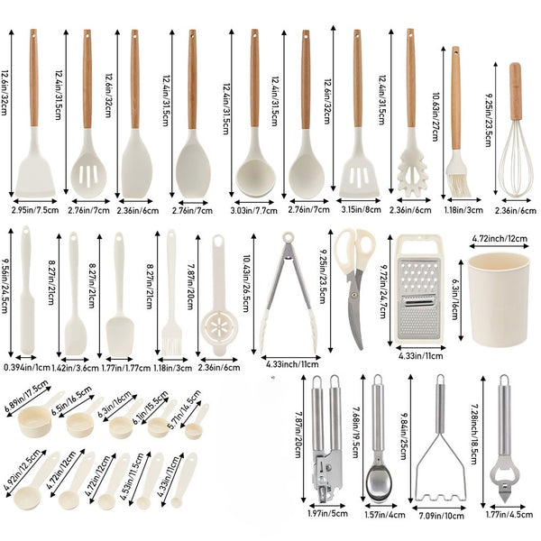 33PCS Non-Stick Kitchen Utensil Set, Silicone Cooking Tools with Wooden Handles, Light Khaki/Black, Cooking Tools and Accessories, Holiday Birthday Gift