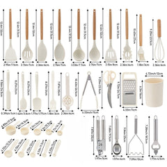33PCS Non-Stick Kitchen Utensil Set, Silicone Cooking Tools with Wooden Handles, Light Khaki/Black, Cooking Tools and Accessories, Holiday Birthday Gift