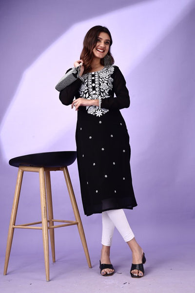 Estationeryhouse Women's Georgette Lucknowi chikankari kurti, Rose Design with Heavy Embroidery, Without Bottom