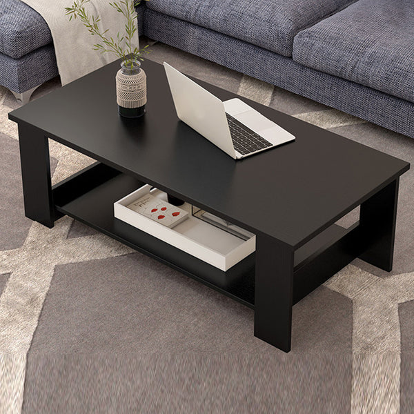 Modern Black Coffee Table with Lower Storage Shelf - Living Room Tea Side End Desk, Contemporary Design with Magazine Rack & Open Storage