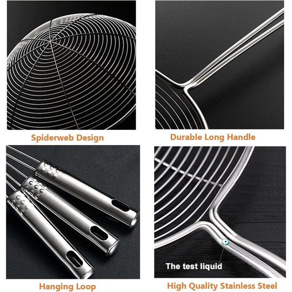 3pcs Kitchen Tools Stainless Steel Spider Strainer Set - for 15cm, 17cm, 19cm - Durable Metal Skimmers with Long Handles - Food-Safe Skimming Spoons for Frying, Pasta - with Hanging Loop
