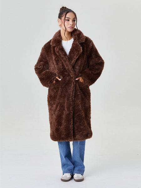 Women's Notch Lapel Plush Double-Breasted Casual Jacket, Leisure Winter Fuzzy Jacket