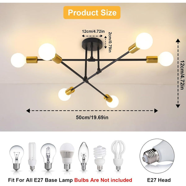 6-Light Modern Gold Sputnik Chandelier, Industrial Semi Flush Mount Ceiling Light Fixture, E27 Hardwired Metal Lamp for Living Room Dining Room