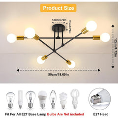 6-Light Modern Gold Sputnik Chandelier, Industrial Semi Flush Mount Ceiling Light Fixture, E27 Hardwired Metal Lamp for Living Room Dining Room