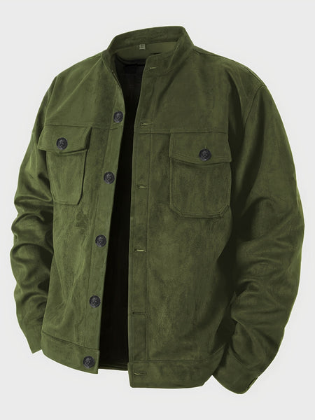 Men'S Casual Velvet Jacket with Pockets, Casual Long Sleeve Stand Collar Button-Up Coat