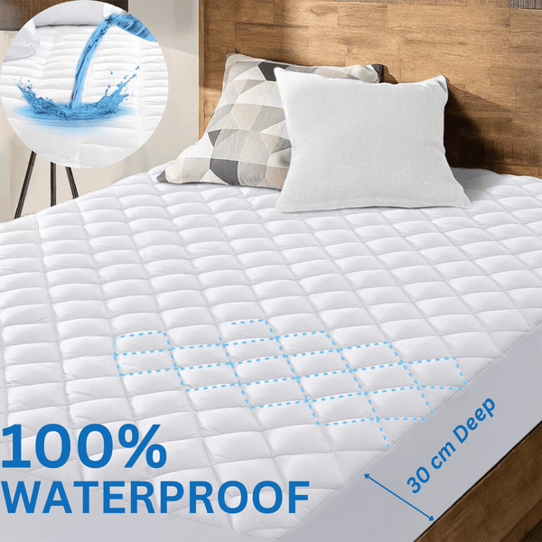 100% WATERPROOF QUILTED MATTRESS PROTECTOR with Deep Fitted Pocket Stretches Up to 30 Cm, Fully Bed Fitted Anti- Allergic | Non Noisy | Non-Plastic |Ultra Soft Deep & Breathable Mattress Protector All Sizes UK
