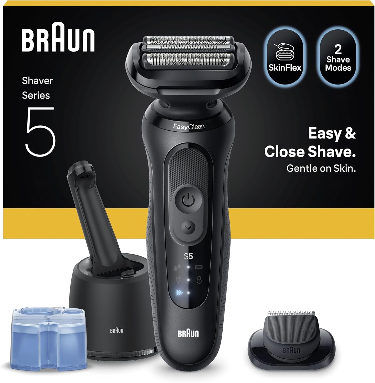 Braun Shaver Series 5 Electric Shaver Men, Wet & Dry Electric Razor for Men, up to 50 Min, 4In1 Smartcare Centre, +1 Attachment, Cordless,100 Percent Waterproof, 52-N7200CC, Black