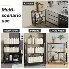 4 Tier Foldable Storage Shelf | Heavy Duty Collapsible Metal Shelf Rack with Wheels, Extra Thick Frame, No Assembly Required, Suitable for Kitchen, Pantry, Closet, Office, Bathroom, Garage Organize, Standing Shelf
