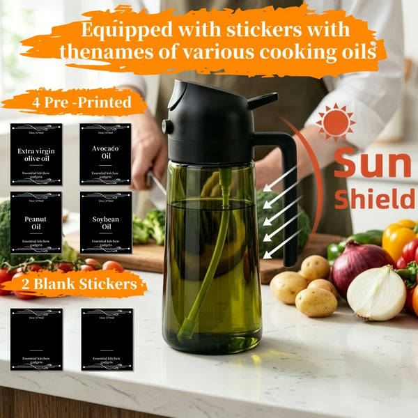 2pcs Kitchen Glass Olive Oil Dispenser Bottle, 2-in-1 Oil Bottle and Cooking Sprayer, 16oz Premium Dark Green Glass Oil Bottle, Oil Sprayer for Cooking, Oil Dispenser for Kitchen with 6pcs Stickers, The Perfect Cooking Gadget for BBQ, RVs, and Salad